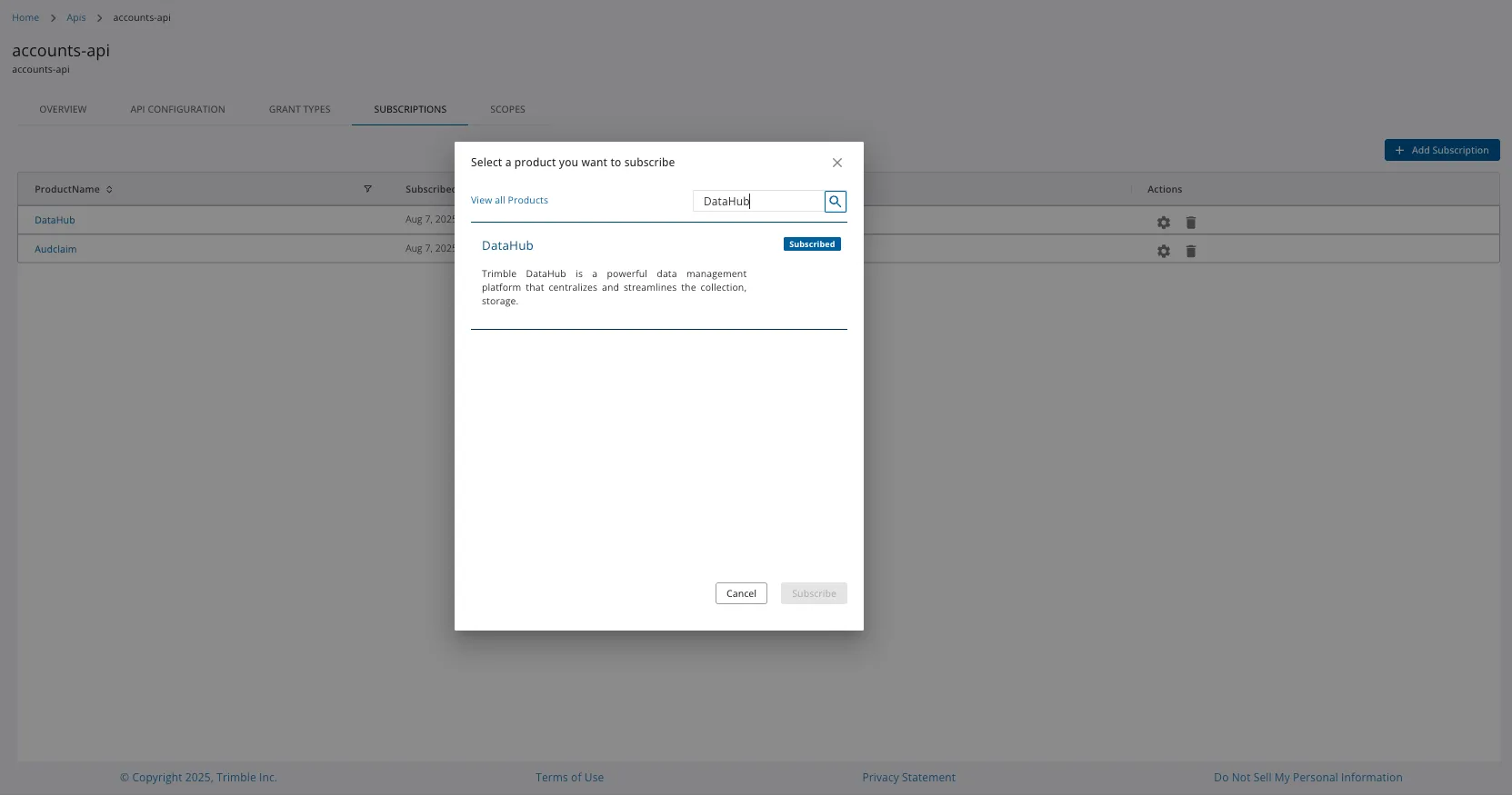 API Subscriptions Tab
